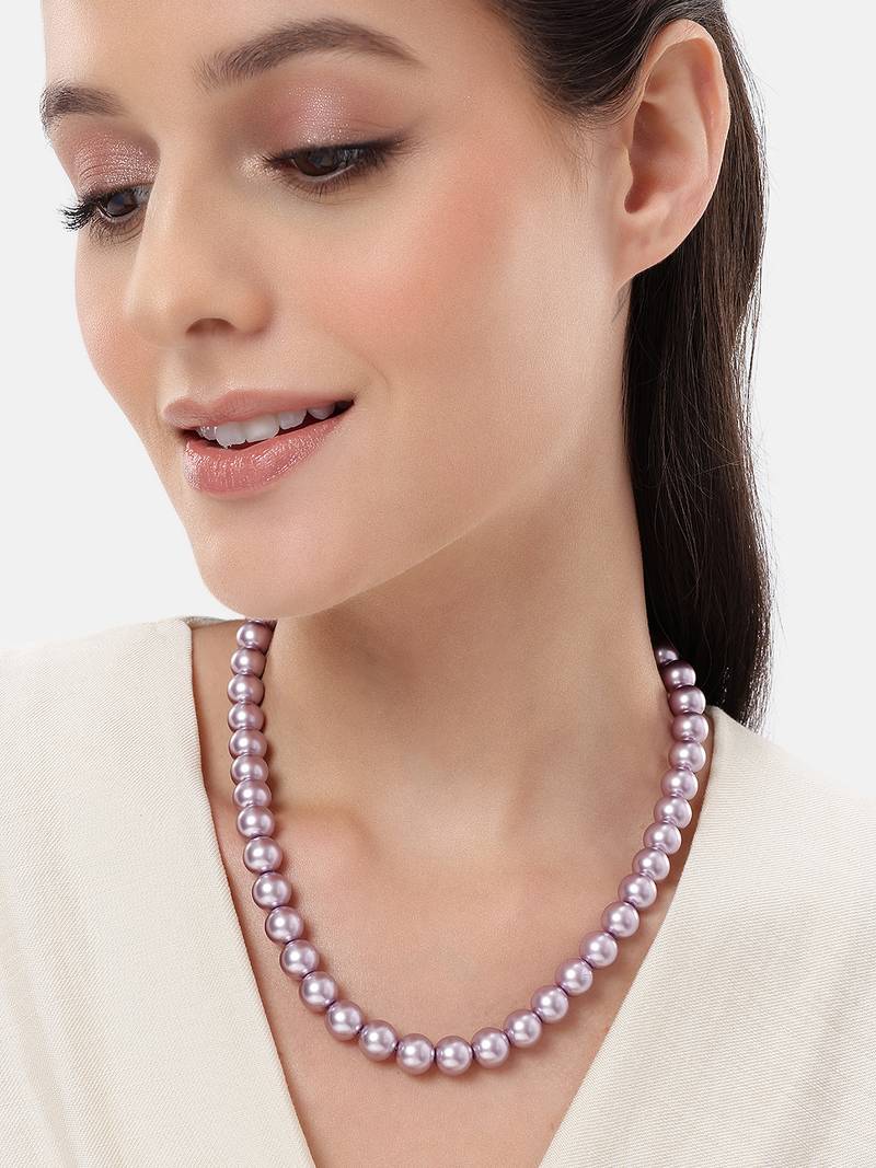 pastel purple color pearl necklace for women | lightweight beaded jewelry with adjustable chain