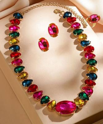 multicolour statement crystal necklace set with ring & earrings | gold plated chunky fashion jewelry for women & girls 1