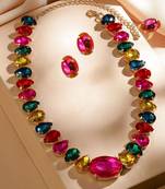 multicolour statement crystal necklace set with ring & earrings | gold plated chunky fashion jewelry for women & girls