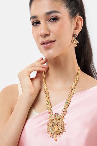 south indian temple style long rani haar with ganesh pendant & earrings