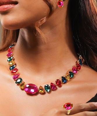 multicolour statement crystal necklace set with ring & earrings | gold plated chunky fashion jewelry for women & girls 2