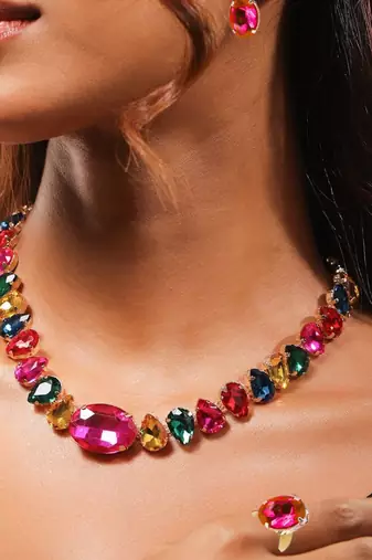 multicolour statement crystal necklace set with ring & earrings | gold plated chunky fashion jewelry for women & girls