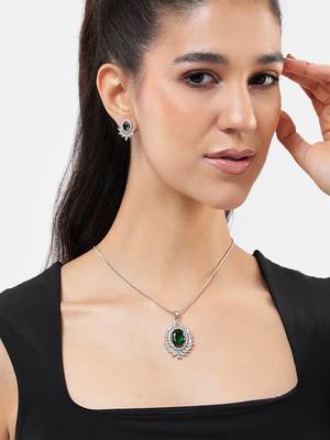 rhodium white plated green cz stone pendant set for women  daily & party wear jewelry 1
