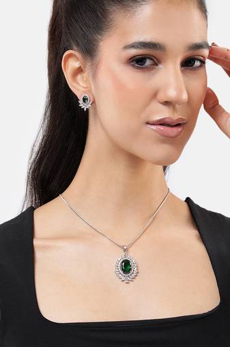 rhodium white plated green cz stone pendant set for women  daily & party wear jewelry