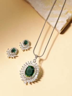 rhodium white plated green cz stone pendant set for women  daily & party wear jewelry 2
