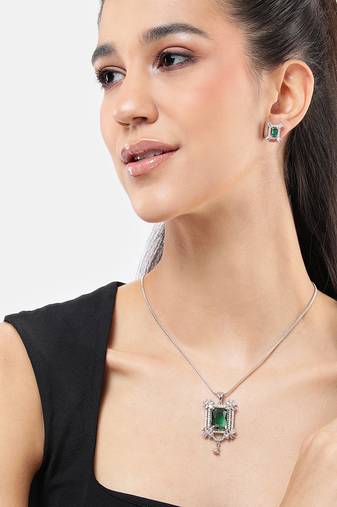 rhodium white plated green cz stone pendant set for women  daily & party wear jewelry