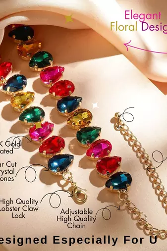 multicolour statement crystal necklace set with ring & earrings | gold plated chunky fashion jewelry for women & girls