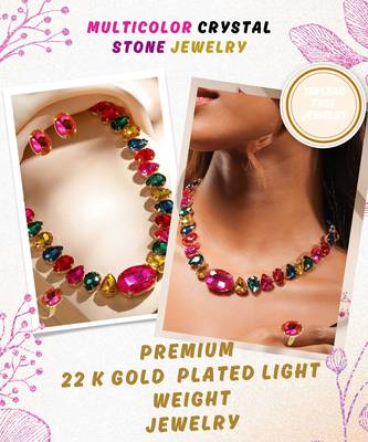 multicolour statement crystal necklace set with ring & earrings | gold plated chunky fashion jewelry for women & girls 5