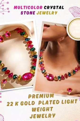 multicolour statement crystal necklace set with ring & earrings | gold plated chunky fashion jewelry for women & girls