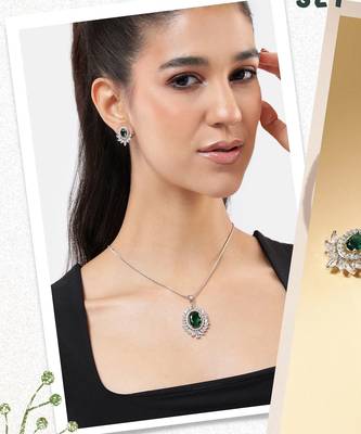 rhodium white plated green cz stone pendant set for women  daily & party wear jewelry 5