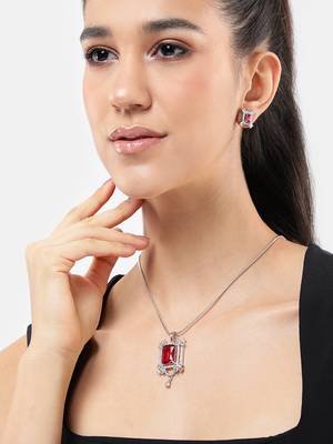 rhodium white plated ruby pink cubic zirconia pendant set with chain & earrings 1
