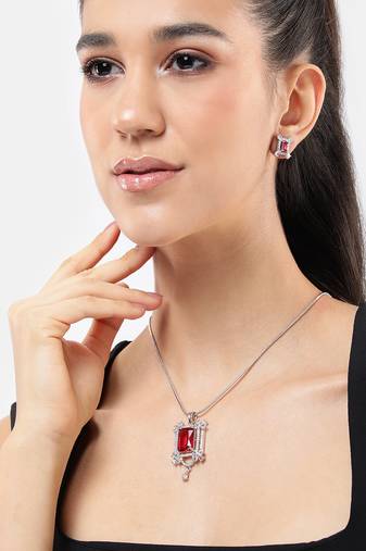 rhodium white plated ruby pink cubic zirconia pendant set with chain & earrings