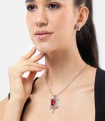 rhodium white plated ruby pink cubic zirconia pendant set with chain & earrings