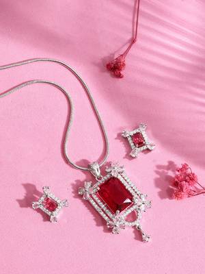 rhodium white plated ruby pink cubic zirconia pendant set with chain & earrings 2