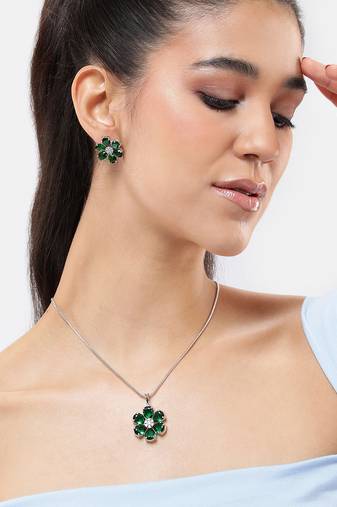 rhodium white plated green cz stone pendant set for women daily & party wear jewelry