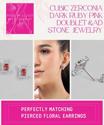 rhodium white plated ruby pink cubic zirconia pendant set with chain & earrings 3
