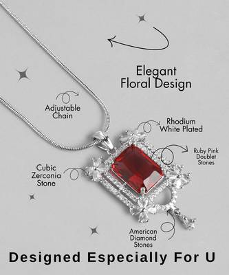rhodium white plated ruby pink cubic zirconia pendant set with chain & earrings 4