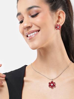 rhodium white plated ruby pink cubic zirconia pendant set with chain & earrings 1