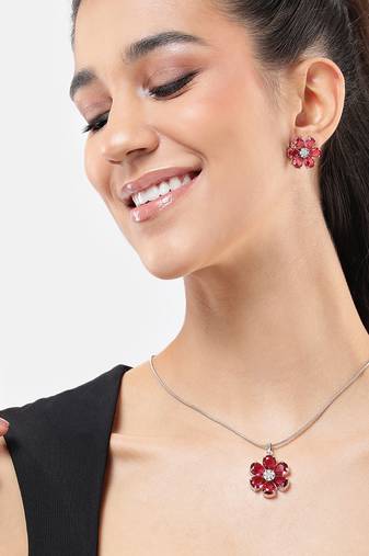 rhodium white plated ruby pink cubic zirconia pendant set with chain & earrings