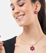 rhodium white plated ruby pink cubic zirconia pendant set with chain & earrings
