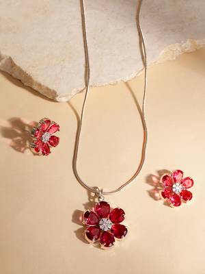 rhodium white plated ruby pink cubic zirconia pendant set with chain & earrings 2