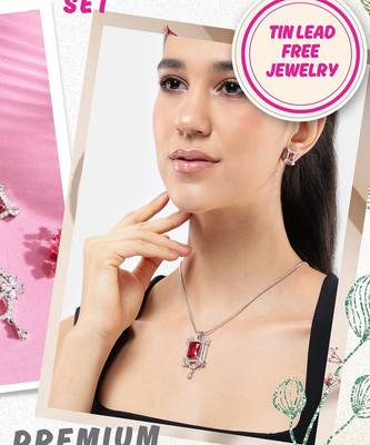 rhodium white plated ruby pink cubic zirconia pendant set with chain & earrings 5