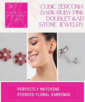 rhodium white plated ruby pink cubic zirconia pendant set with chain & earrings 3