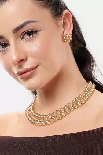 double-strand golden transparent crystal beaded necklace with floral stud earrings for women