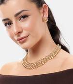 double-strand golden transparent crystal beaded necklace with floral stud earrings for women