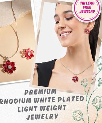 rhodium white plated ruby pink cubic zirconia pendant set with chain & earrings 5