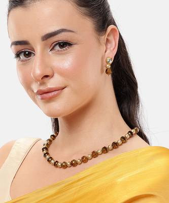 single line pearl & brown crystal bead mala with kundan earrings and bracelet 1