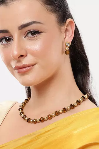 single line pearl & brown crystal bead mala with kundan earrings and bracelet