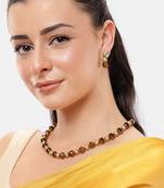 single line pearl & brown crystal bead mala with kundan earrings and bracelet