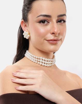 4-line pearl choker necklace set with antique plated kundan studded earrings  festive & wedding wear set 1