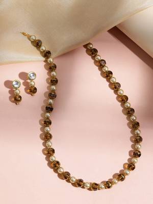 single line pearl & brown crystal bead mala with kundan earrings and bracelet 2