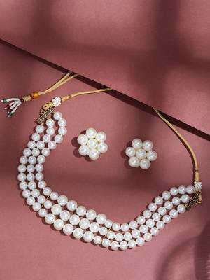 4-line pearl choker necklace set with antique plated kundan studded earrings  festive & wedding wear set 2