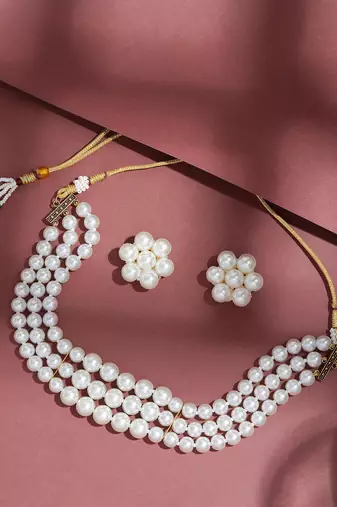 4-line pearl choker necklace set with antique plated kundan studded earrings  festive & wedding wear set