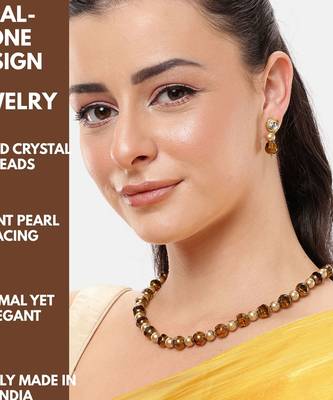 single line pearl & brown crystal bead mala with kundan earrings and bracelet 3