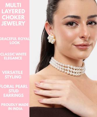 4-line pearl choker necklace set with antique plated kundan studded earrings  festive & wedding wear set 3