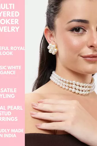 4-line pearl choker necklace set with antique plated kundan studded earrings  festive & wedding wear set