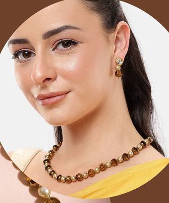 single line pearl & brown crystal bead mala with kundan earrings and bracelet 5
