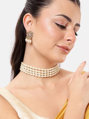 4-line pearl choker necklace set with antique plated kundan studded earrings  festive & wedding wear set 1