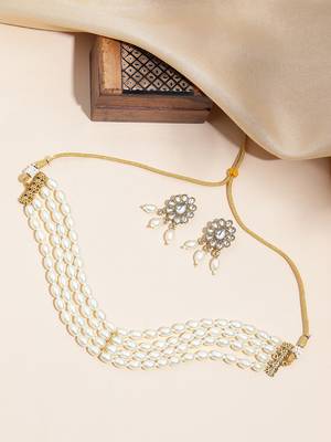 4-line pearl choker necklace set with antique plated kundan studded earrings  festive & wedding wear set 2