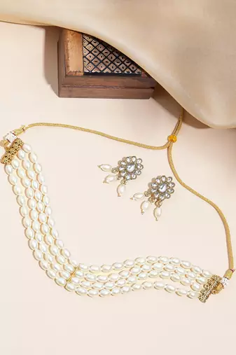 4-line pearl choker necklace set with antique plated kundan studded earrings  festive & wedding wear set