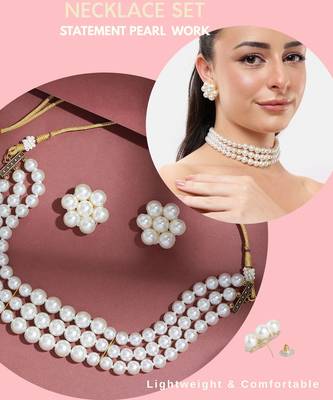4-line pearl choker necklace set with antique plated kundan studded earrings  festive & wedding wear set 5