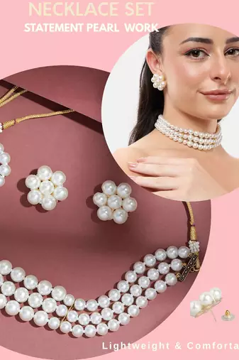 4-line pearl choker necklace set with antique plated kundan studded earrings  festive & wedding wear set