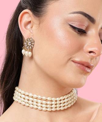 4-line pearl choker necklace set with antique plated kundan studded earrings  festive & wedding wear set 3
