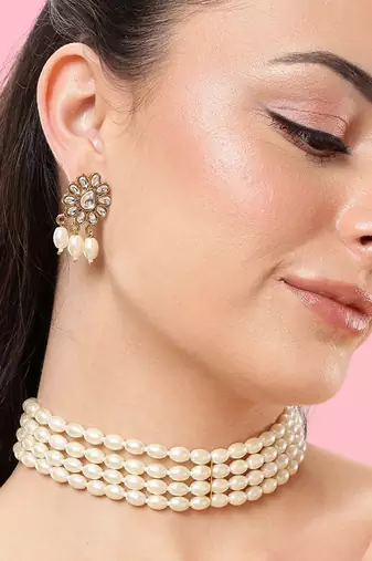 4-line pearl choker necklace set with antique plated kundan studded earrings  festive & wedding wear set
