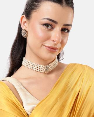 4-layer pearl choker set with kundan floral stone work & stud earrings  traditional adjustable ethnic necklace set 1