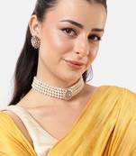 4-layer pearl choker set with kundan floral stone work & stud earrings  traditional adjustable ethnic necklace set